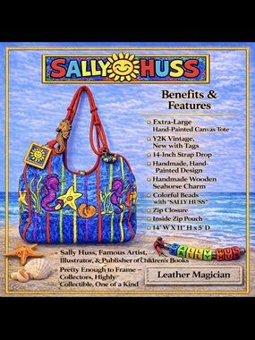 Sally Huss Hand Painted Canvas Tote Bag Y2K Vintage NWT Beach Art Seahorse NWT